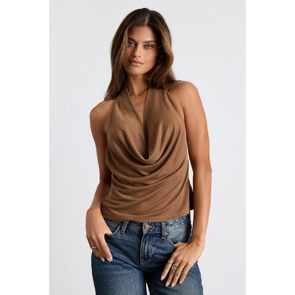 Lulus Zazie Light Brown Cowl Neck Braided Backless Tank Top - Size M
